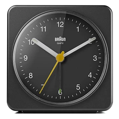 Image of Braun Classic Analogue Alarm Clock with Snooze and Light, Quiet Quartz Sweeping Movement, Crescendo Beep in Black, model BC03B.
