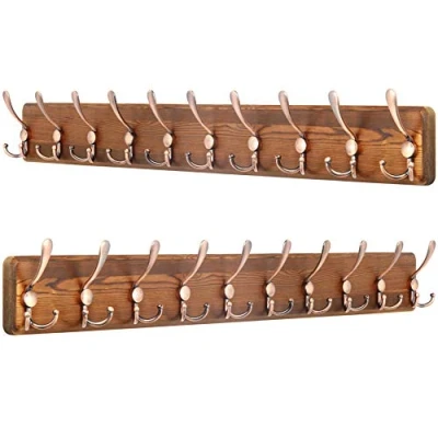 Image of SKOLOO Coat Rack Wall Mounted 38.3&#039;&#039; Long, Pack of 2, Wooden, Heavy Duty, Rustic Hooks for Wall, with 10 Triple Hanging Clothes, Jacket, Hat(Brown &amp; Retro Red)