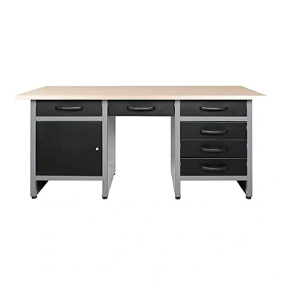 Image of Stalwart DA TC007 Professional Grey and Black Workshop Workbench with 30mm Wooden Desktop, 6 Drawers Lockable Door 1600x600x850mm