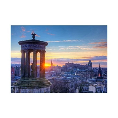 Image of Wee Blue Coo Dt Calton Hill Edinburgh Sunset Wood Frame Picture Gift Wall Art Print