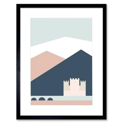 Image of Wee Blue Coo Pastel Geometric Shapes Eilean Donan Castle Lochalsh Scotland Framed Art Print