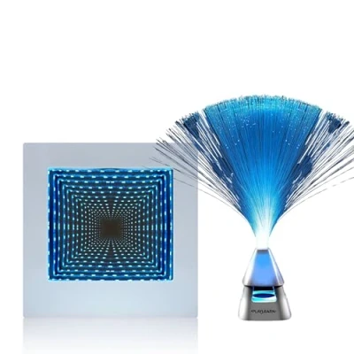Image of Playlearn Sensory Light 22cm 3D LED Infinity Mirror Tunnel Square 35cm Fibre Optic Lamp with Wireless Speaker Desktop Decor