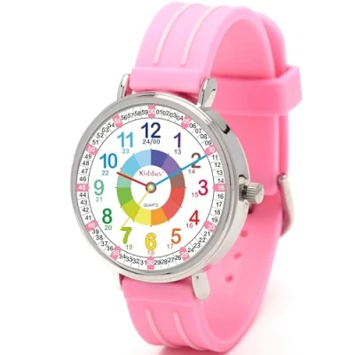 Image of Kiddus Educational Watch for Girls. Children to Learn Time. Analogue First Kids from 5 Years Old. Time Teacher Exercices Included