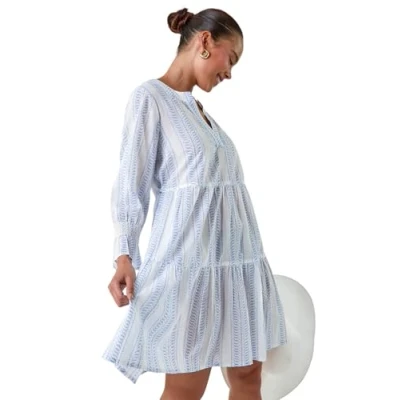 Image of Roman Originals Smock Dress for Women UK Ladies Cotton Summer Embroidered Frilled Tiered Lounge Casual Beach Cruise Holiday Cocktail Party 3/4 Sleeve Pull On Gathered Skirt Petite Blue Size 18