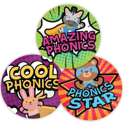 Image of Stone Melon School Reward Stickers 144 Phonics Superhero 30mm Round Hero Awards Nursery Teachers Parents Children Kids