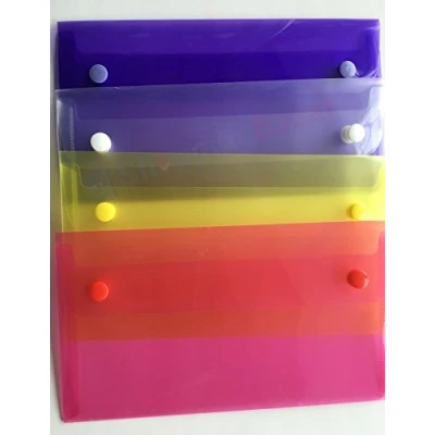 Image of DL Clear Plastic Document Wallets Envelope with Stud Closing Buttion Pack of 4 Folders Assorted Colours