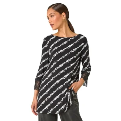 Image of Roman Originals Floral Soft Stretch Jersey Top for Women UK Ladies Everyday Autumn Winter Round Neckline Comfy Evening Vacation Work Party Night Out Black White Size 20