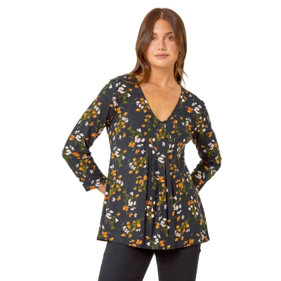Image of Roman Originals Smock Tunic Top for Women UK Ladies Everyday Autumn Winter V Neckline Comfy Soft Evening Vacation Work Party Night Out Black Size 10