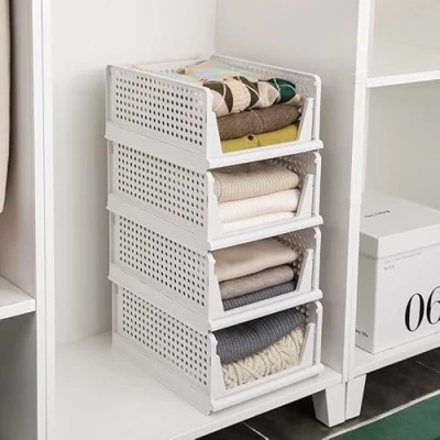 Image of Eden &amp; Willow Wardrobe Storage Organiser, Plastic Box Shelves Stackable Organiser Drawer Baskets for Closet (Pack of 4, Large)