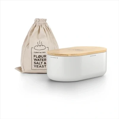 Image of LARS NYSØM Bread box I Metal with linen bag for long lasting freshness bamboo lid usable as cutting board 14.2x7.5x5.1 In (Pure White)