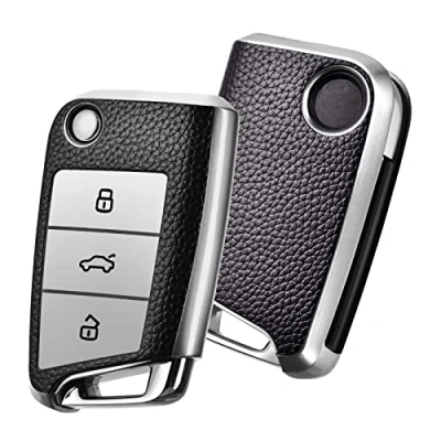 Image of OATSBASF Car Key Cover for VW Golf 7 Box/Key Case VW, Polo, Skoda, Seat, 3 Buttons (Silver Leather)