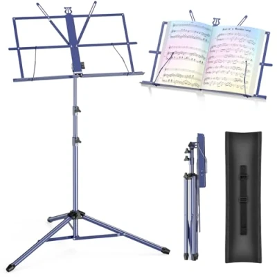 Image of New Bee Music Stand Stands for Sheet with Carrying Bag, Metal Portable, Adjustable Podium Tripod Base and Folder Blue