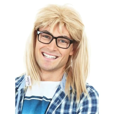 Image of ALLAURA Garth Algar Wig 90s Guitar Rocker Blonde Mullet + Black Glasses Mens 80s Punk Heavy Metal Wigs