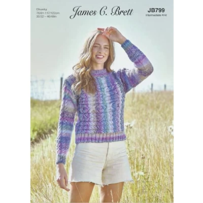 Image of James Brett Womens Chunky Intermediate Knitting Pattern Cable Knit Sweater Jumper (JB799)