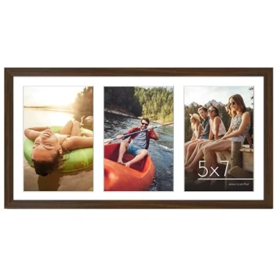 Image of Americanflat 8x16 Panoramic Picture Frame in Walnut Three 7x5 Photo Openings Multi Aperture Collage with Horizontal and Vertical Format for Wall Tabletop
