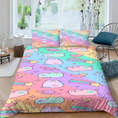 Image of YAOSHER Corlor Pusheen Duvet Cover Set 3D Print Bedding Rainbow Simplicity Comforter with Pillowcases Kids Boys Teens Soft Microfiber Zipper 3 Pcs Double（200x200cm）