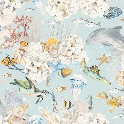 Image of Rasch Wallpaper 301328 Light Blue Non Woven with Colourful Underwater World and Fish; Nursery 10.05 m x 0.53 (L W)