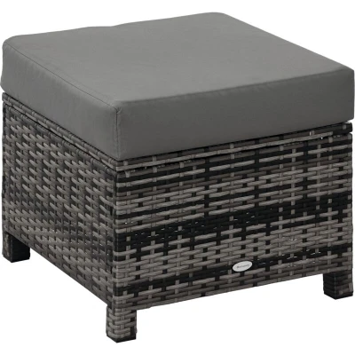 Image of Outsunny Rattan Footstool Wicker Ottoman with Padded Seat Cushion Outdoor Patio Furniture for Garden Poolside Living Room, 50 x 35 cm, Grey