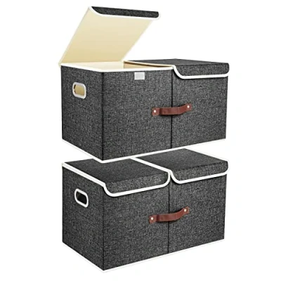 Image of TYEERS Extra Large Storage Box with Lids and Compartments, Collapsible, Washable, Fabric Lid for Clothes, Wardrobe Storage, 55x33x30 cm, Set of 2, Black