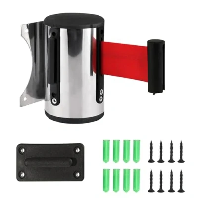 Image of Aweisile 5M Wall Mounted Belt Security Barrier Retractable Queue Rope Crowd Control Safety Ribbon, Red, in Stainless Steel