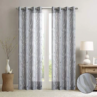 Image of Madison Park Semi Sheer Curtain Modern Contemporary Botanical Print Out Design, Grommet Top, Single Window Drape for Living Room, Bedroom and Dorm, 50x63, Bird Grey