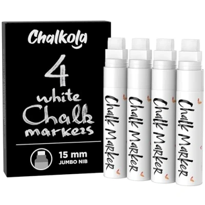 Image of Jumbo White Chalk Pens 15mm Window Markers Pack of 4 Use on Cars, Chalkboard, Whiteboard, Blackboard, Glass, Bistro Loved by Teachers, Artists, Businesses