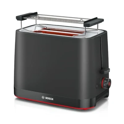 Image of Bosch MyMoment Infuse TAT3M123GB Compact 2 Slice Toaster with Reheat/Defrost, Foldable Bun Warmer, Auto Shut Off, High Lift and Crumb Tray, in Matte Black
