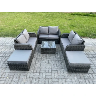 Image of 8 Seater High Back Rattan Garden Furniture Set with Square Coffee Table 2 Big Footstool Love Sofa Indoor Outdoor Patio Lounge Dark Grey