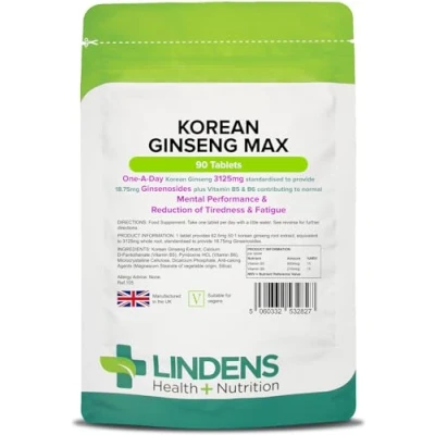 Image of Lindens Korean Ginseng Max 3125mg 90 Tablets 1 A Day UK Made Vitamin B5 &amp; B6, for Normal Mental Performance, Reduction of Tiredness Fatigue Letterbox Friendly, Vegan