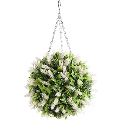 Image of Best Artificial White Ivory Lavender Flower Ball Lush Long Leaf Topiary Grass **UV Fade Protected** (28cm)