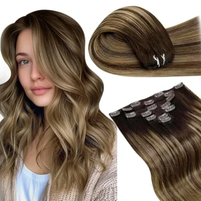 Image of LaaVoo Clip in Hair Extensions Real Human 18 Inch 7pcs 120g Balayage Dark Brown Mix Caramel Blonde Seamless Remy #4/27/4