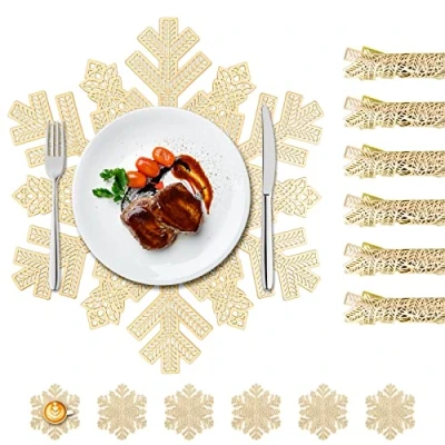 Image of Gold Snowflake Placemats,12pcs PVC Table Mat Set Heat Resistant Washable Placemat of 6pcs + Coasters for Home Kitchen Decoration