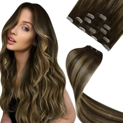 Image of LaaVoo Clip in Hair Extensions Real Human Balayage Dark Brown Mix Caramel Blonde Seamless Remy 22 Inch 5pcs 80g #4/27/4