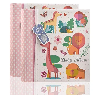 Image of 2 x Arpan 6x4 Inch Baby Slip in Case Memo Photo Album for 200 Photos Pink Woodland Animals