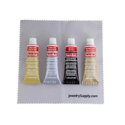 Image of JewelrySupply Rub N Buff 4 Color Assortment with Premium Buffing Cloth (Silver Leaf, Antique Gold, Gold Ebony)