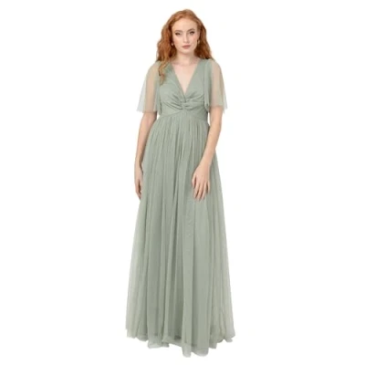 Image of Anaya with Love Women&#039;s Maxi Dress Ladies Short Flutter Sleeve V Neck Twist Front Empire A line Tulle Bridesmaid Wedding Guest Prom, Frosty Green, 8