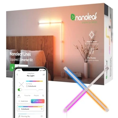 Image of Nanoleaf Lines 90 Degrees Starter Kit, 4 Smart Light Bars LED RGBW Backlit Modular Wi Fi Colour Changing Wall Lights, Music &amp; Screen Sync, Works with Alexa Google Apple, Decor Gaming