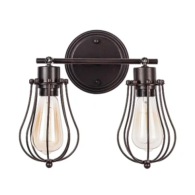 Image of Luling Industrial Wall Sconce Rustic Loft Antique Lights Wire Cage Adjustable Socket Edison Vintage Metal Retro Lamp Fixtures for Bedroom Gazebo (No Bulb) (with 2 Light) (Rust)