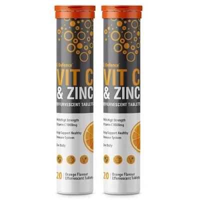 Image of Vitamin C 1000mg &amp; Zinc 15mg Orange Flavour Effervescent Tablets High Strength for a Healthy Immune System (2 Tubes)