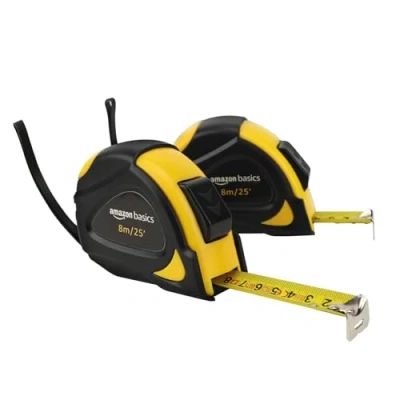 Image of Amazon Basics Self Locking Tape Measure, MID Accuracy, 7.6 m (2 Pack) meters Scale, Yellow