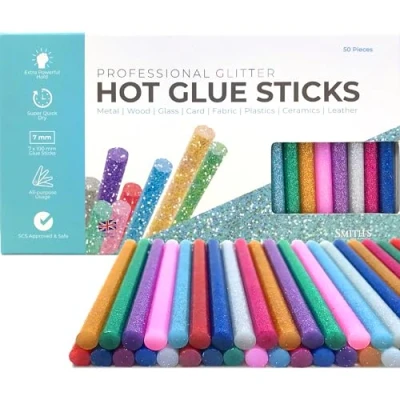 Image of Colourful Hot Glitter Glue Sticks by Smith’s® 7mm x 100mm 50 Pack Grade A+ Gun Refills Blue, Purple, Green, Red, Aqua, Pink, Gold, Silver Safe &amp; RoHS Certified Fits 99.9% of Guns