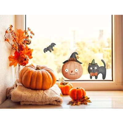 Image of QuoteMyWall Halloween Window Stickers Cute Smilinmg Pumpkin, Black Cat &amp; Flying Bat Decor Decorations