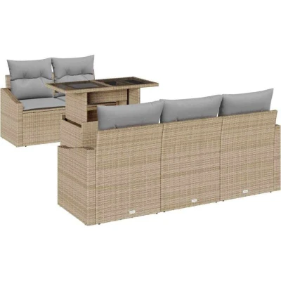 Image of vidaXL 6 Piece Garden Sofa Set with Cushions Beige Poly Rattan