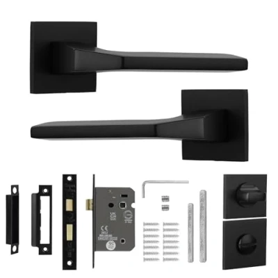 Image of Decoranddecor Black Door Handles Internal Aluminium Matt Handle Sets for Wooden Interior Doors with Bathroom Lock and Turn Release Penta Range