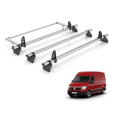 Image of Rhino Roof Rack for VW Crafter 2017+ [Only Fits Medium or Long Wheelbase With Low High Roof] 3 Bars &amp; Rear Ladder Roller + Loadstops KR35/VC3FL/KLS2