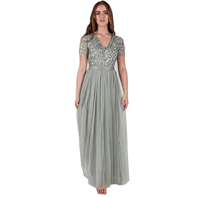 Image of Maya Deluxe Women&#039;s Maxi Dress Ladies Bridesmaid V Neck Ball Gown Short Sleeves Long Elegant Empire Waist Wedding, Green Lily, 8