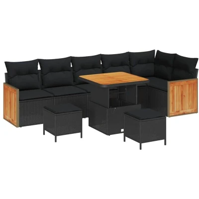 Image of vidaXL 9 Piece Garden Sofa Set with Cushions Black Poly Rattan Acacia