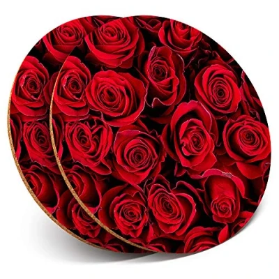 Image of 2 x Round Coasters Red Roses Flowers Valentine Love Cork Backed Home Kitchen Accessory Tea Coffee Mug Mat #16895