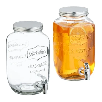 Image of Relaxdays Set of 2 Drink Dispensers, 3.5L Beverage Container, Party Accessory, Tap and Lid, Glass &amp; Plastic, Transparent, Up to 50kg