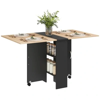 Image of HOMCOM Folding Dining Table, Drop Leaf Table for Small Spaces with 2 tier Shelves, Kitchen Rolling Casters, Oak and Black